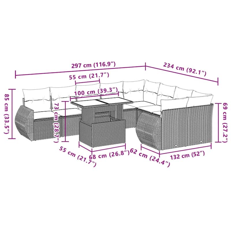 vidaXL Patio Sofa Set with Cushions Outdoor Furniture 10 Piece Poly Rattan