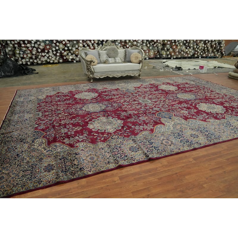 Hand Knotted Oriental 100% Wool Carpet Traditional Floral Red Kerman Area Rug - 19' 4'' X 12' 9''