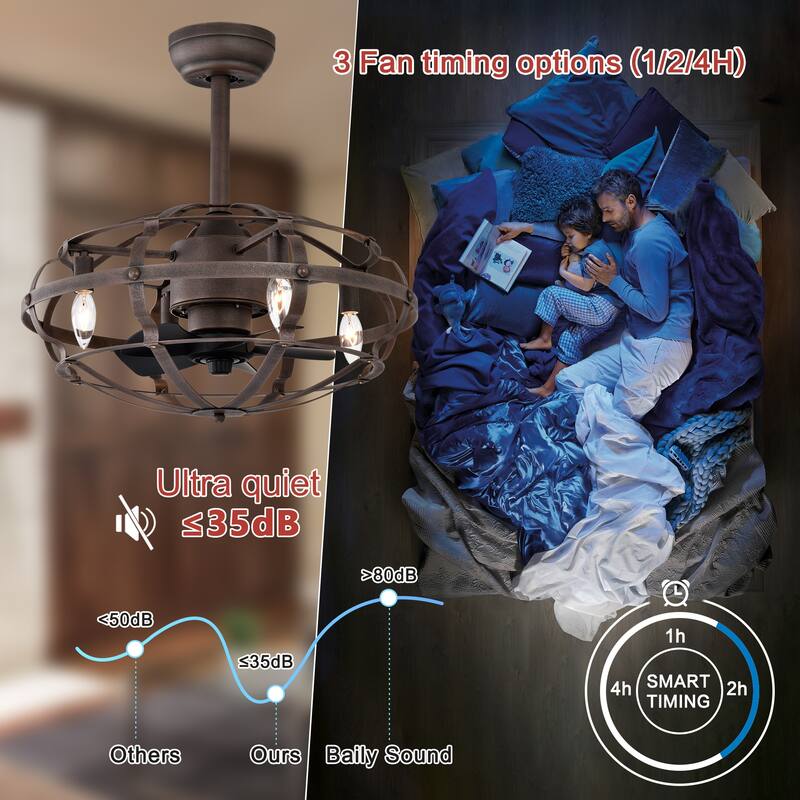 Cusp Barn Modern Enclosed Caged Ceiling Fan with Remote Control, Farmhouse Bladeless Rust Industrial Light Fixture for Bedroom
