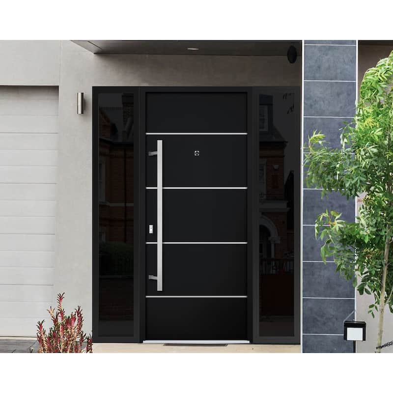Front Prehung Steel Door 6083 Black Enamel Top Window Sidelite Stainless Inserts W36xH80+16 Lh I Bedroom Door Bathroom Door