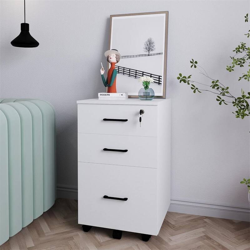 3 Drawer File Cabinet with Lock - 26.47"D x 18.56"W x 6.91"H - White