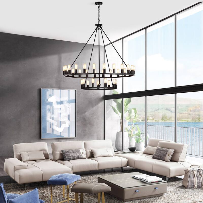 The Gray Barn Liam Matte Black 33-Light 48-inch 2-Tier Round Wagon Wheel Chandelier
