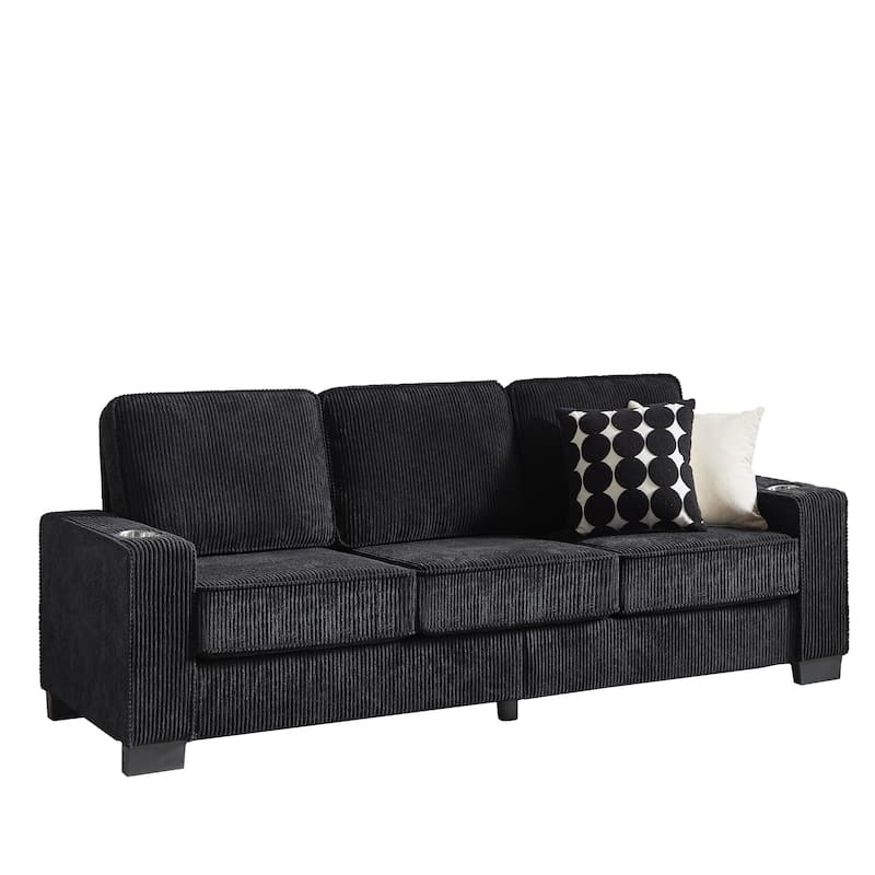84.25" Corduroy 3-Seater Sofa, Cup Holder Armrests and Spring Cushions