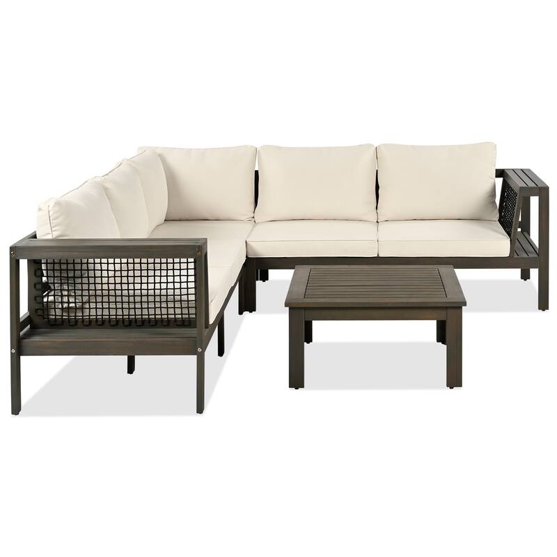 4-Pieces Outdoor Acacia Wood L-Shaped Sectional Sofa Set with Coffee Table and Arm Side Table