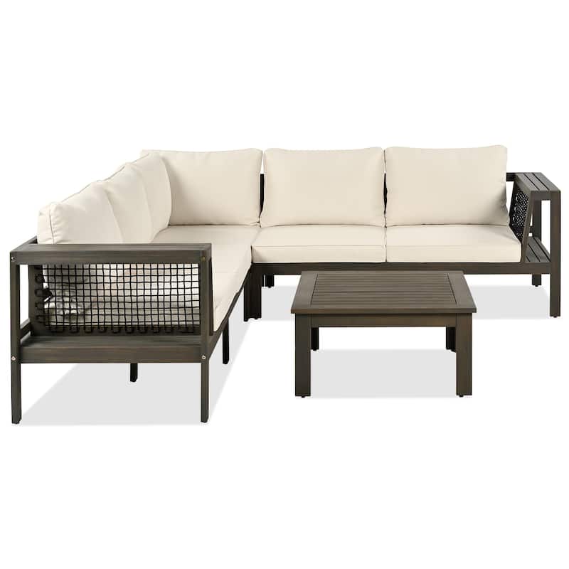 4 Pieces Outdoor Acacia Wood Sofa Set L-Shaped Patio Furniture Sofa Set with Coffee Table & Cushions, Woven Mesh Armrests
