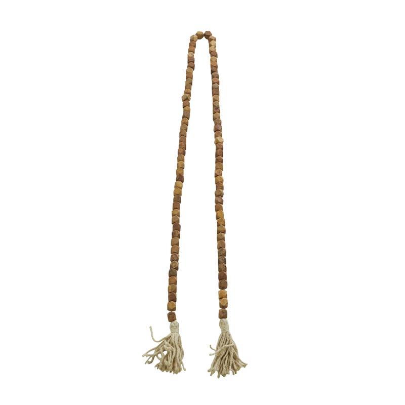 Mango Wood Handmade Hexagon Carved Geometric Long Beaded Garland with Tassel - Roche River Decor