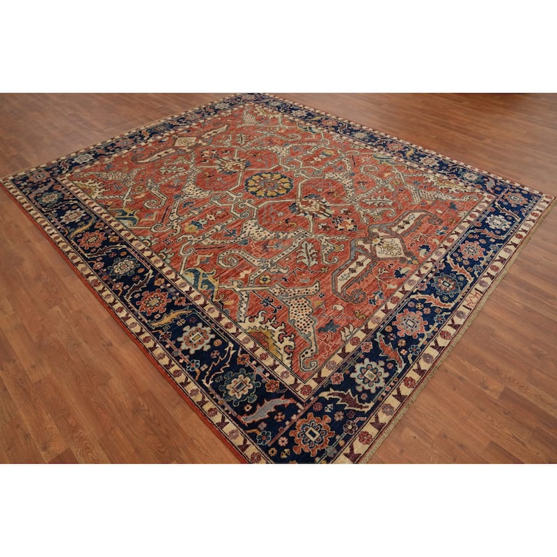 Hand Knotted Traditional Wool Orange Geometric Area Rug - 9' 7'' X 8' 4''