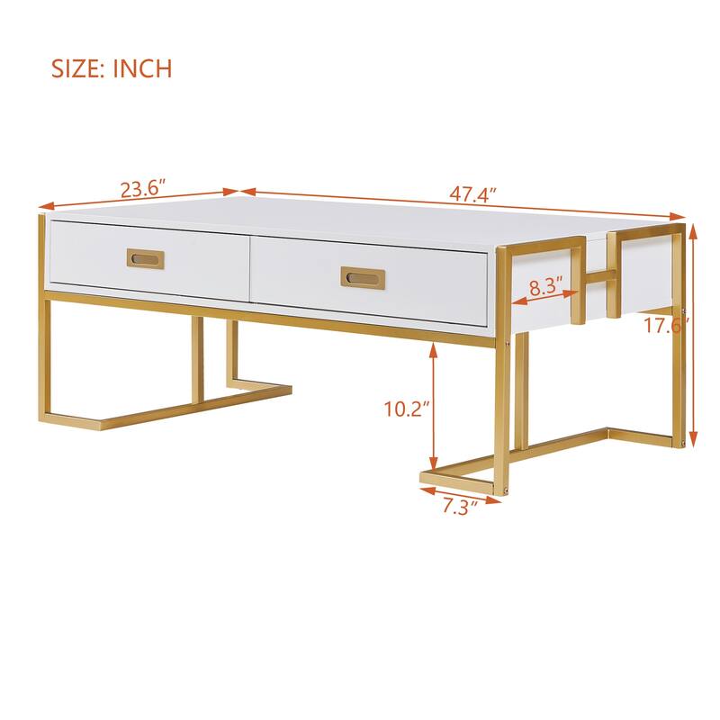 Luxury Coffee Table, Rectangular Center Table for Living Room, Modern Large Coffee Tables with 2 Storage Drawers & Gold Leg