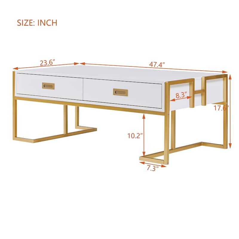 Modern Rectangular Coffee Table with 4 Drawers and Gold Base in 47.3"