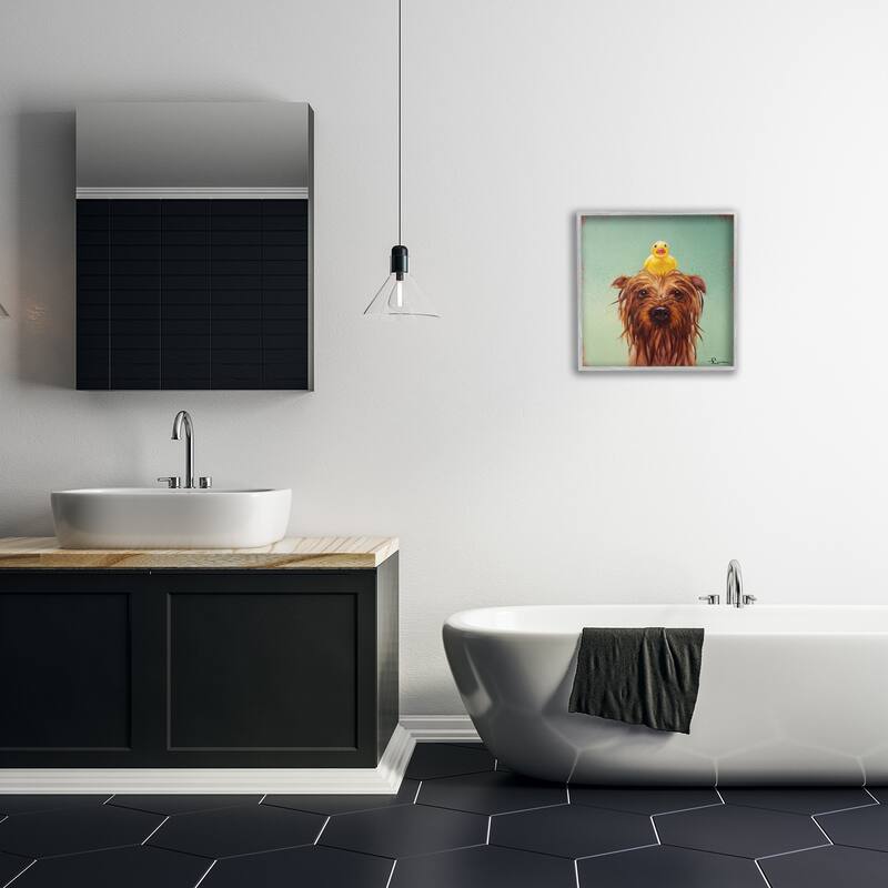 Stupell Wet Dog with a Rubber Ducky Turquoise Bath Framed Wall Art, 12x12, Proudly Made in USA