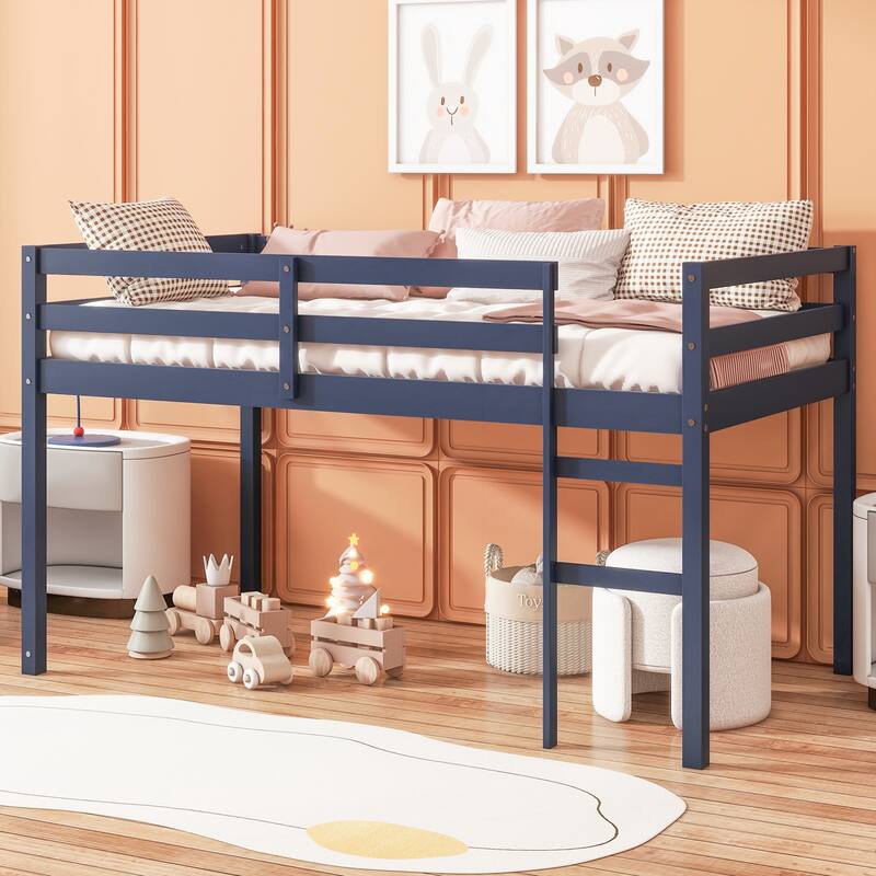 Solid Wooden, Rubber Wooden Twin Loft Bed with Ladder, Bed Platform of Strengthened Slats