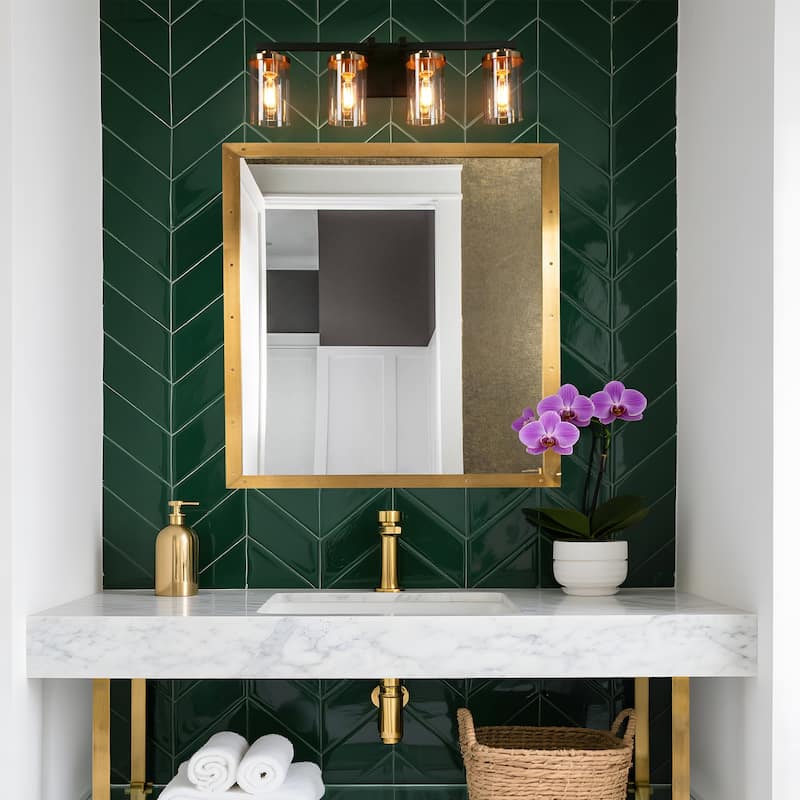 Modern Farmhouse 4-Light Black Gold Linear Bathroom Vanity Light Cylinder Glass Wall Sconce