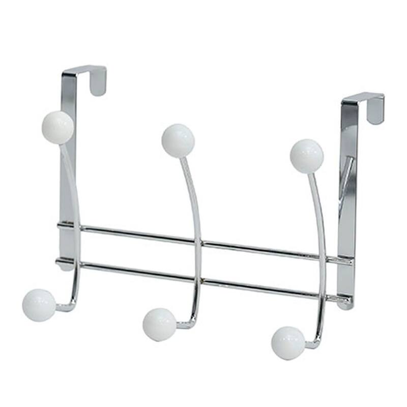 Over The Door Hook Rack with 6 Ball Ends - 10.5 L x 4 D x 7.5 H - Chrome/White