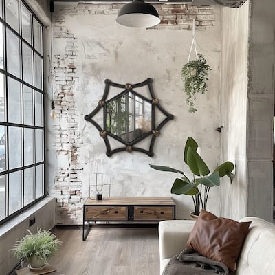MacLuu Industrial Hexagon Black Metal Pipe Mirror for Wall Decor - 35.43" W x 35.43" H x 2.76" D