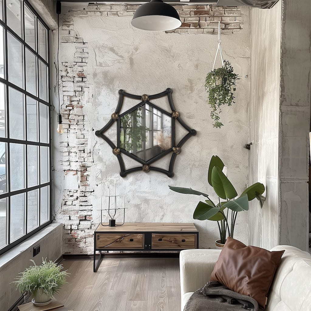 MacLuu Industrial Hexagon Black Metal Pipe Mirror for Wall Decor - 35.43" W x 35.43" H x 2.76" D