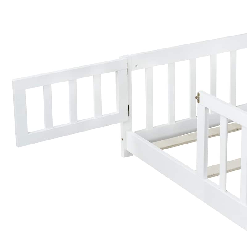 Queen Size Floor Bed with Fence,Door,Rubber Wood Floor Bed with Safety Guardrails