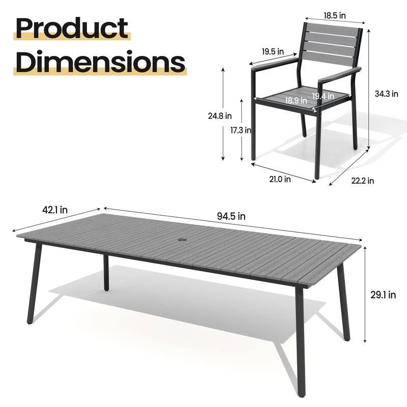 11PC Outdoor Patio Dining Set Aluminum Umbrella Hole Wood Like Table with Stackable Armrest Chairs