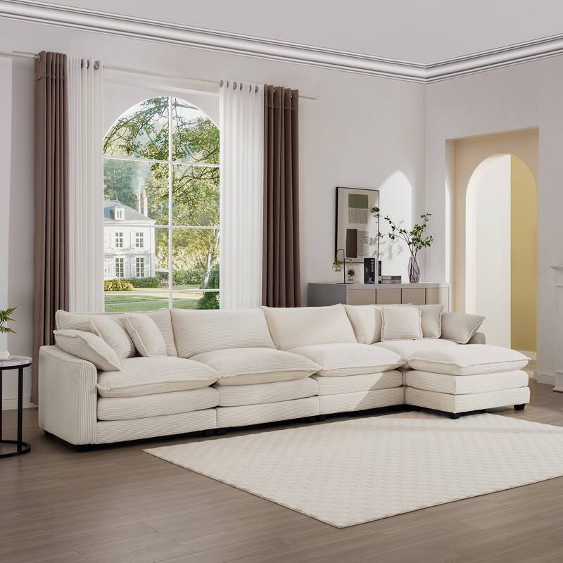 L Shape Modular Sectional Sofa Set with Ottoman, 4 Seater Corduroy Upholstered Couch with Removable Armrests for Livingroom