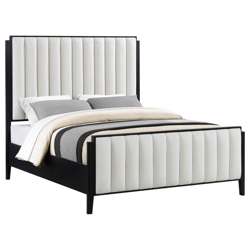 Jack California King Size Bed, Channel Tufted Ivory Upholstery, Black