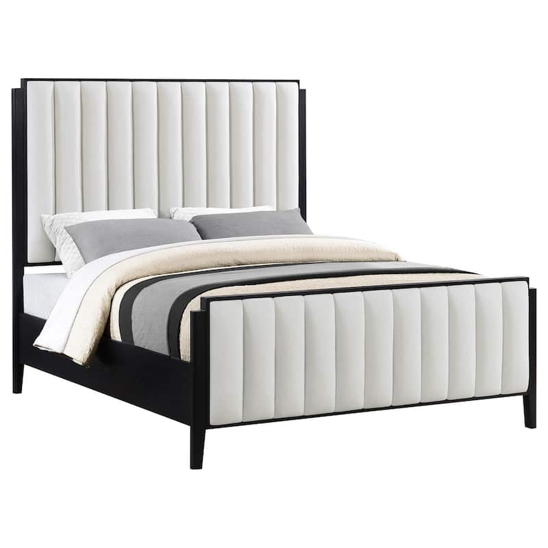 Jack Queen Size Bed, Channel Tufted Ivory Upholstery, Black Wood