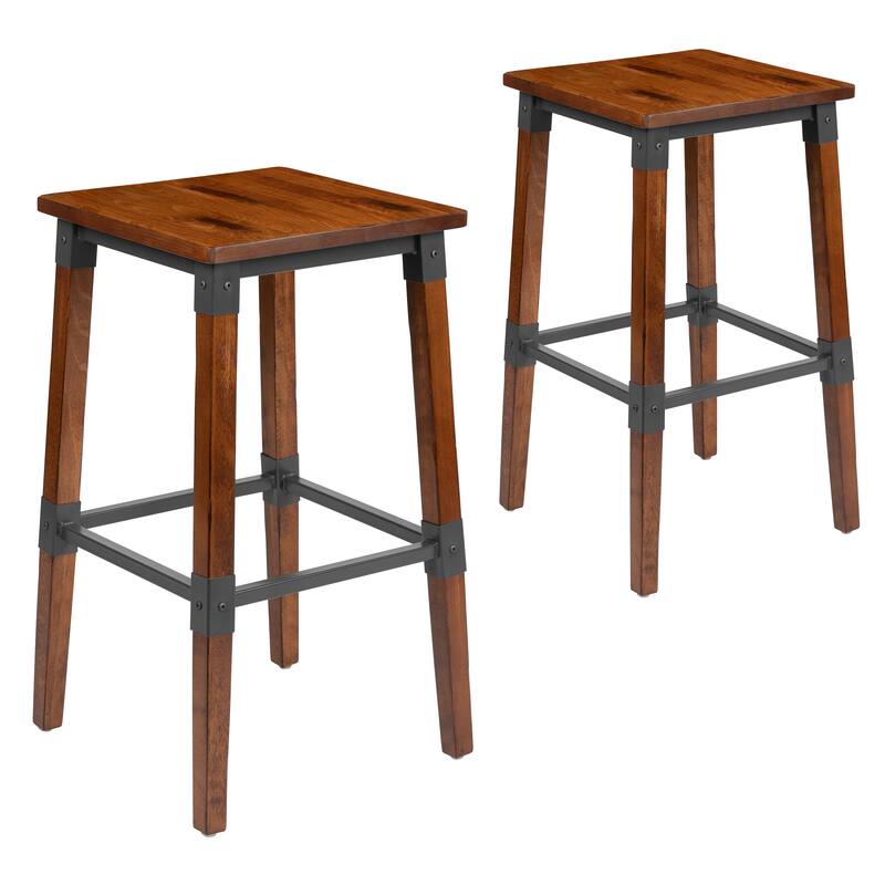 2 Pack Commercial Grade Rustic Industrial Style Backless Wood Barstool