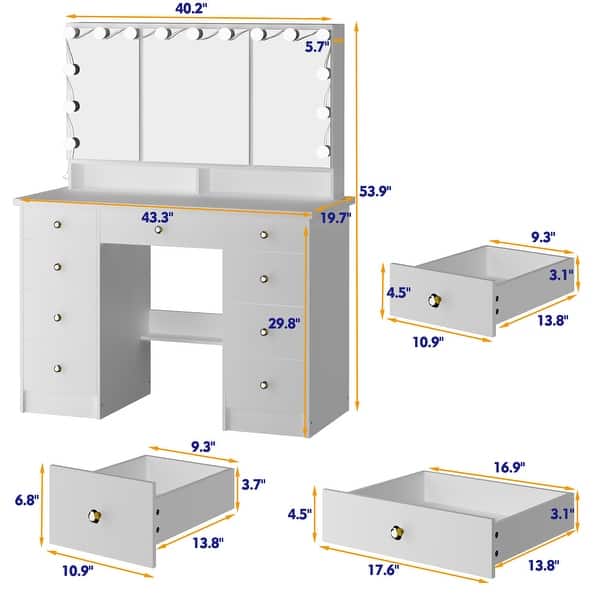 dimension image slide 1 of 2, Luxurious LED Makeup Vanity with 9 Drawers Elegant Makeup Station