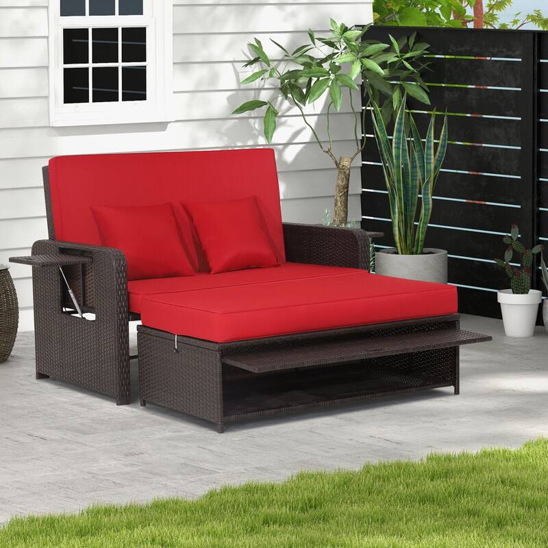 Patio Rattan Daybed with 4-Level Adjustable Backrest and Retractable Side Tray - 31" x 67" x 36" - Red