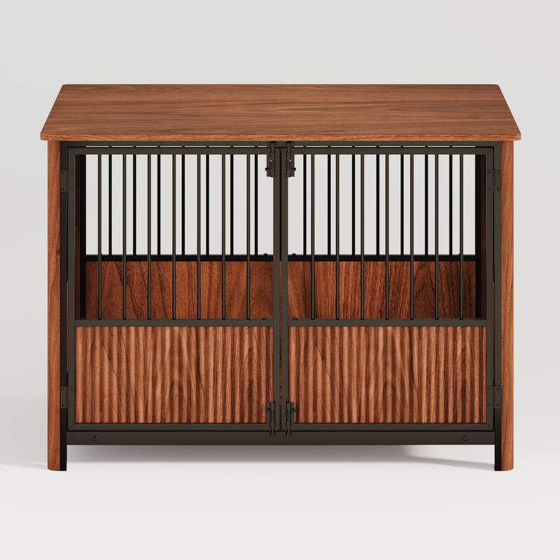 43'' Fluted Wood Dog Crate with 3 Doors, Indoor Decorative Dog Crate End Table, Dog Kennel Cage for Small to Medium Dogs