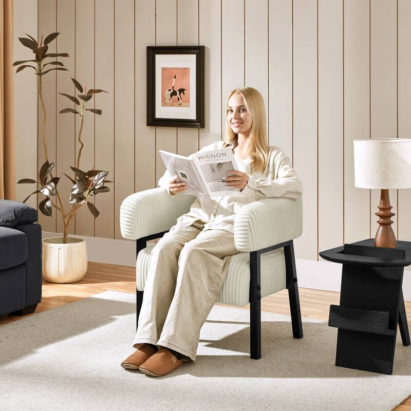 Yaheetech Corduroy Accent Chair with Solid Wood Legs for Living Room, Bedroom - Beige