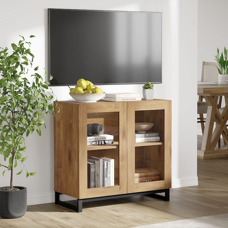 WAMPAT Modern TV Stand with Glass Doors for 110 inch TVs, Entertainment Center Console with Adjustable Shelves and Metal Base