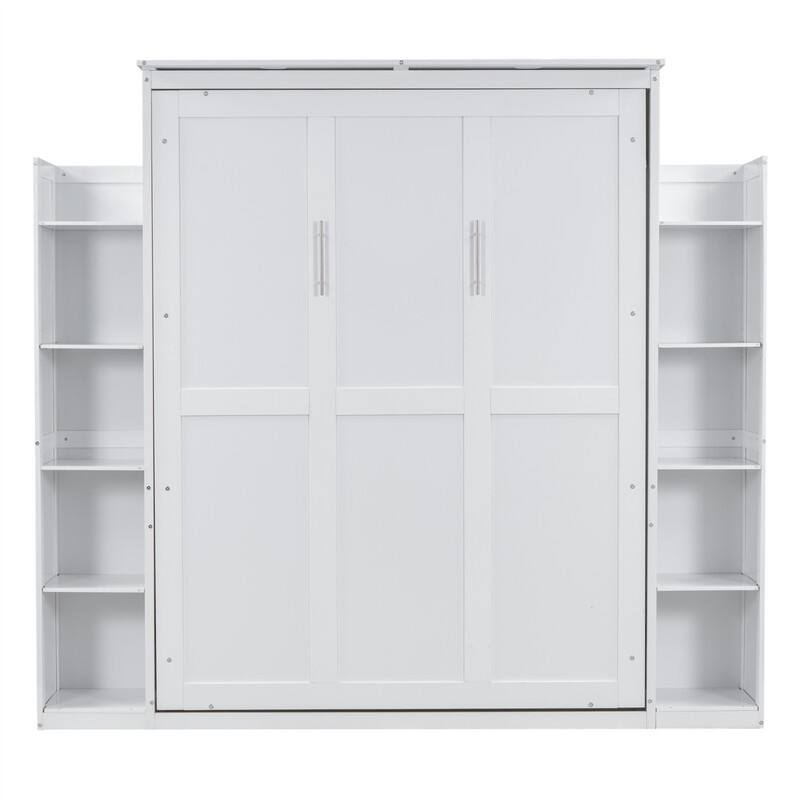 Solid Wood Murphy Wall Bed w/ LED Lights & Open Storage Shelves, Full/Queen Size Folding Murphy Cabinet Bed, Space Saving Design