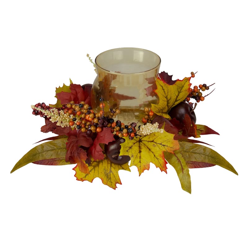 15" Fall Apple Berry Glass Hurricane Pillar Candle Holder Centerpiece