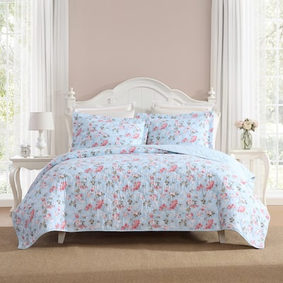 Laura Ashley Blissful Dream Cotton Reversible Blue Quilt Set