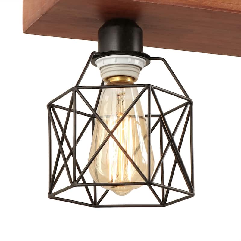 Anmytek Rustic Wood Metal Chandelier Kitchen Island 3-Light Fixture Adjustable Hanging Linear Chandelier for Dining Room