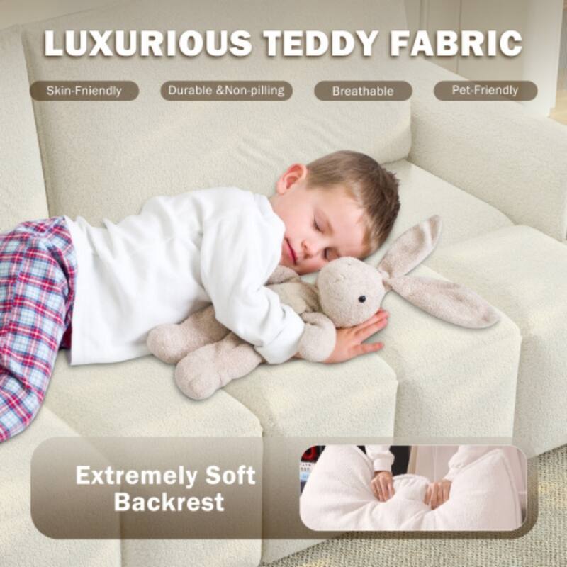 90.2 Inch King 3-in-1 Sleeper Sofa with Seat Storage, Modern 4-Seater Convertible Teddy Fabric Couch