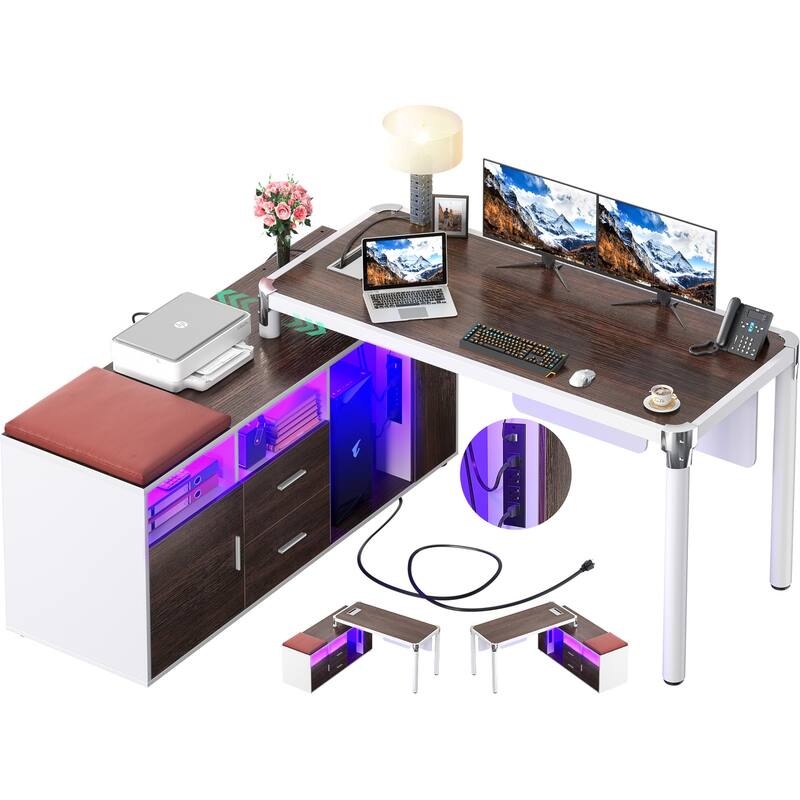 L Shaped Desk with File Cabinet and Power Strip, Reversible Corner Office Desk with LED Lights