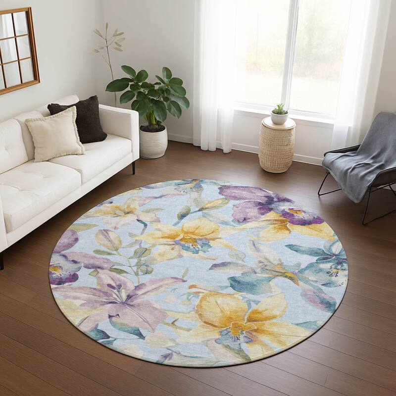 Machine Washable Indoor/ Outdoor Modern Floral Chantille Rug