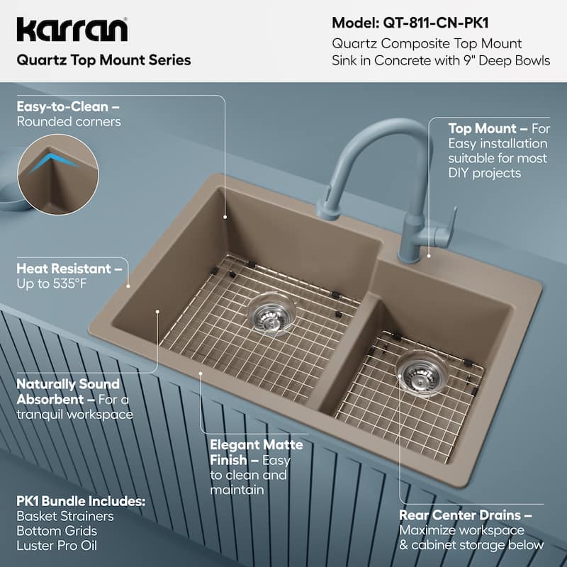 Karran 33" Top Mount Large/Small Bowl Quartz Kitchen Sink Kit - 33" x 22" x 9"