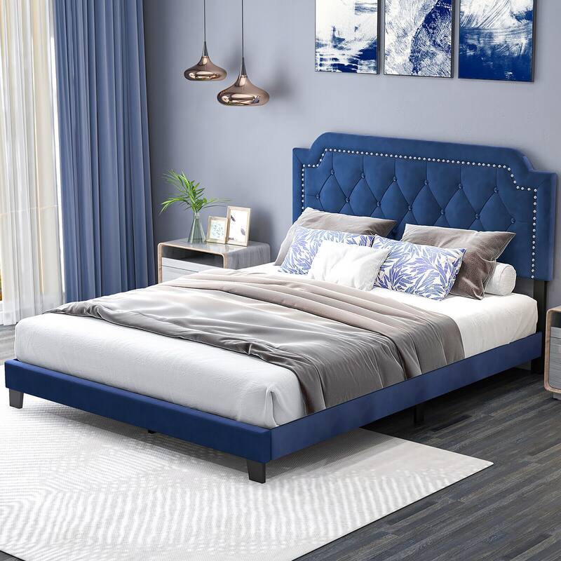 Gymax Queen Size Velvet Platform Bed w/ Button Tufted & Nailhead Trim - Blue - Queen