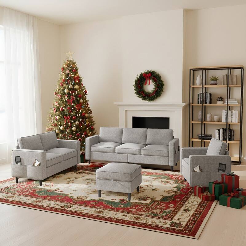 Mixoy Convertible Living Room Furniture Set-Single Sofa/Loveseat/3-Seat Sofa with Ottoman for DIY Combination - Light Grey-3+2+1 - Reversible
