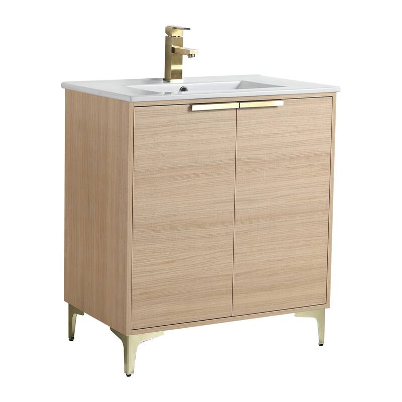 Fine Fixtures Wilmington Bathroom Vanity with White Ceramic Sink. - 30 Inch - Natural Oak - Satin Brass Hardware