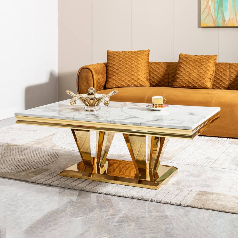 58.18" Modern Rectangular 0.78" Thick MDF Marble Pattern Top,Coffee Table Stainless Steel Base with Gold Mirror Finish