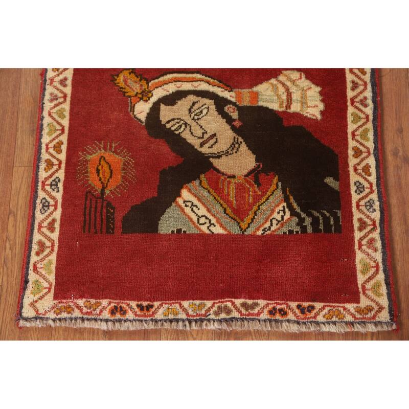 Pictorial Red Shiraz Persian Square Rug Hand-Knotted Wool Carpet - 1'11" x 1'11"