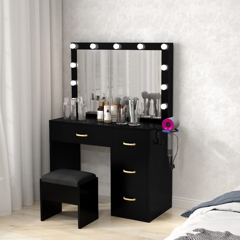 Vanity Desk Makeup Table Light Strip Mirror Dressing - 35.4"L x 15.7"W x 53.5"H - Black light bulb
