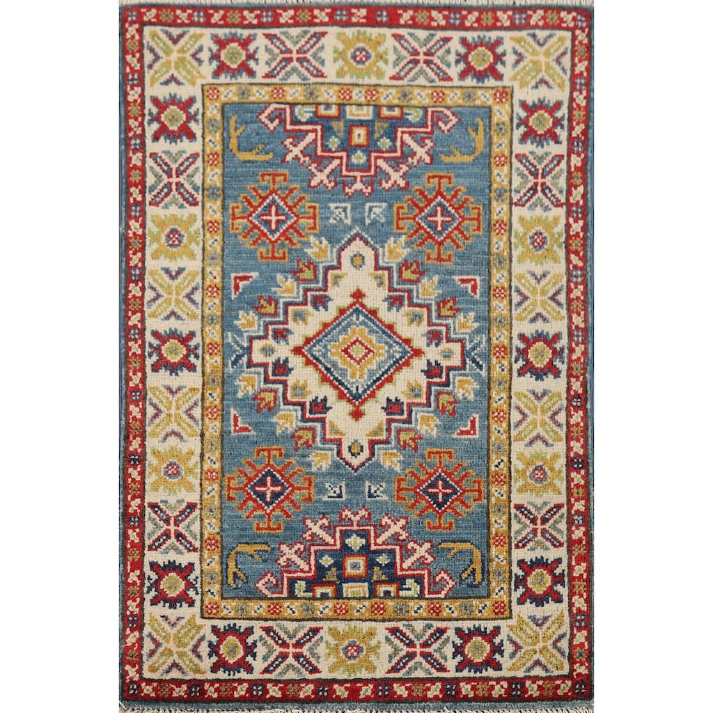Hand Knotted Oriental 100% Wool Carpet Traditional Geometric Navy Blue & Blues Kazak Area Rug - 3' 0'' X 2' 0''