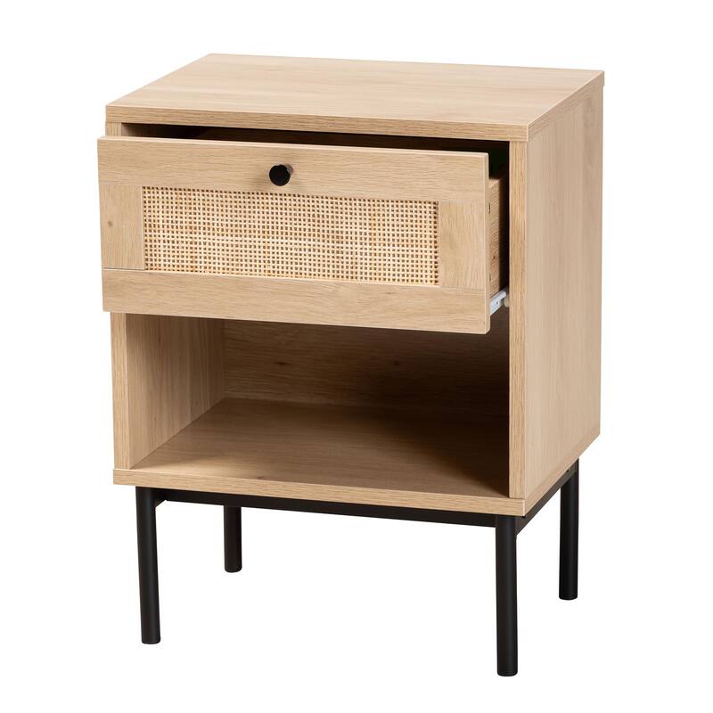 Sherwin Mid-Century Modern Light Brown and Black 1-Drawer End Table with Woven Rattan Accent