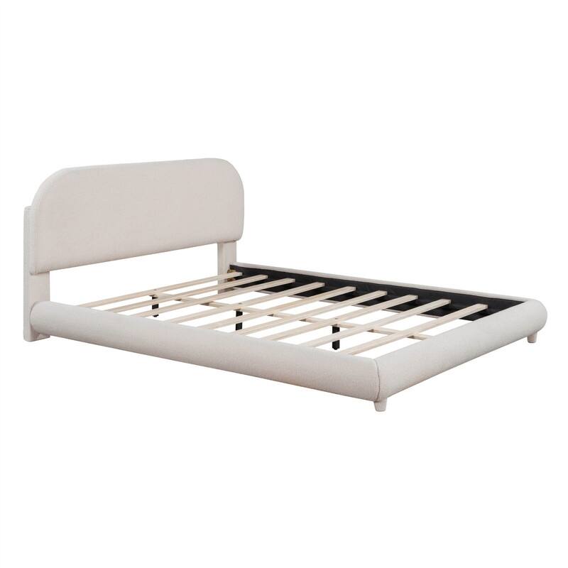 Full/Queen Size Teddy Fleece Upholstered Bed with Thick Fabric, Platform Bed Frame with Headboard & Stylish Curve-shaped Design