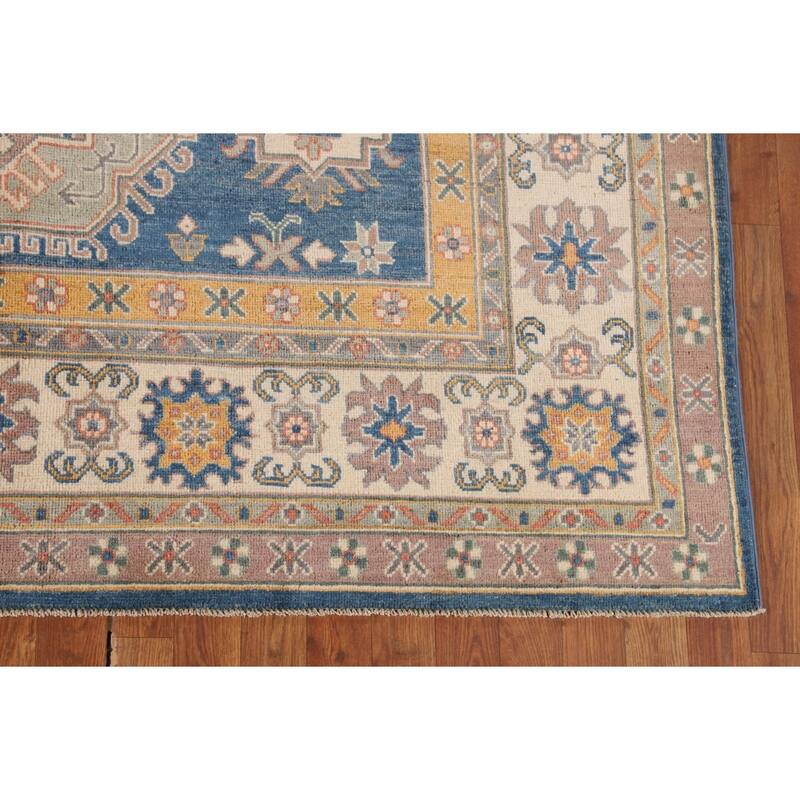 Blue Geometric Kazak Oriental Rug Handmade Traditional Wool Carpet - 6'8" x 10'0"