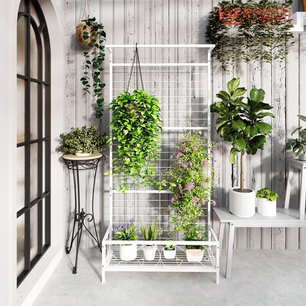 Outsunny Tall Plant Stand with Trellis and Hanging Bar, Metal Plant Holder  Flower Stand - On Sale - Bed Bath & Beyond - 42410817