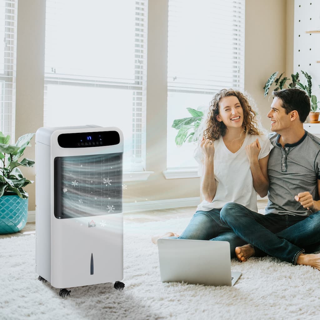 HOMCOM Mobile Air Cooler, Evaporative Ice Cooling Fan Water Conditioner Humidifier Unit with 3 Modes, 3 Speed, Remote Controller